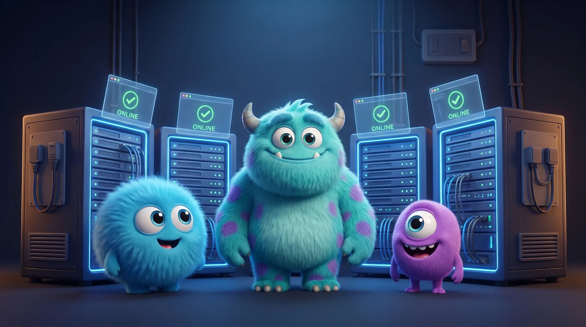 The PixelMonsters crew of friendly monsters tending their glowing server racks